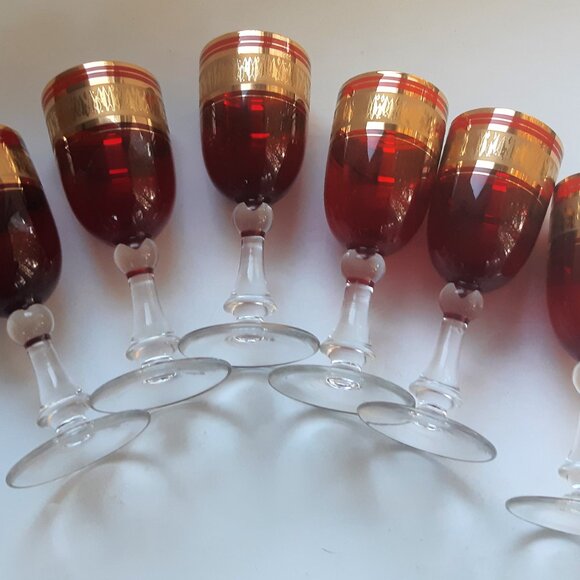 VTG Wine/Sherry Cordial Glasses Ruby Red Gilded with Clear Stem 1950s Set of 6 - Picture 11 of 12